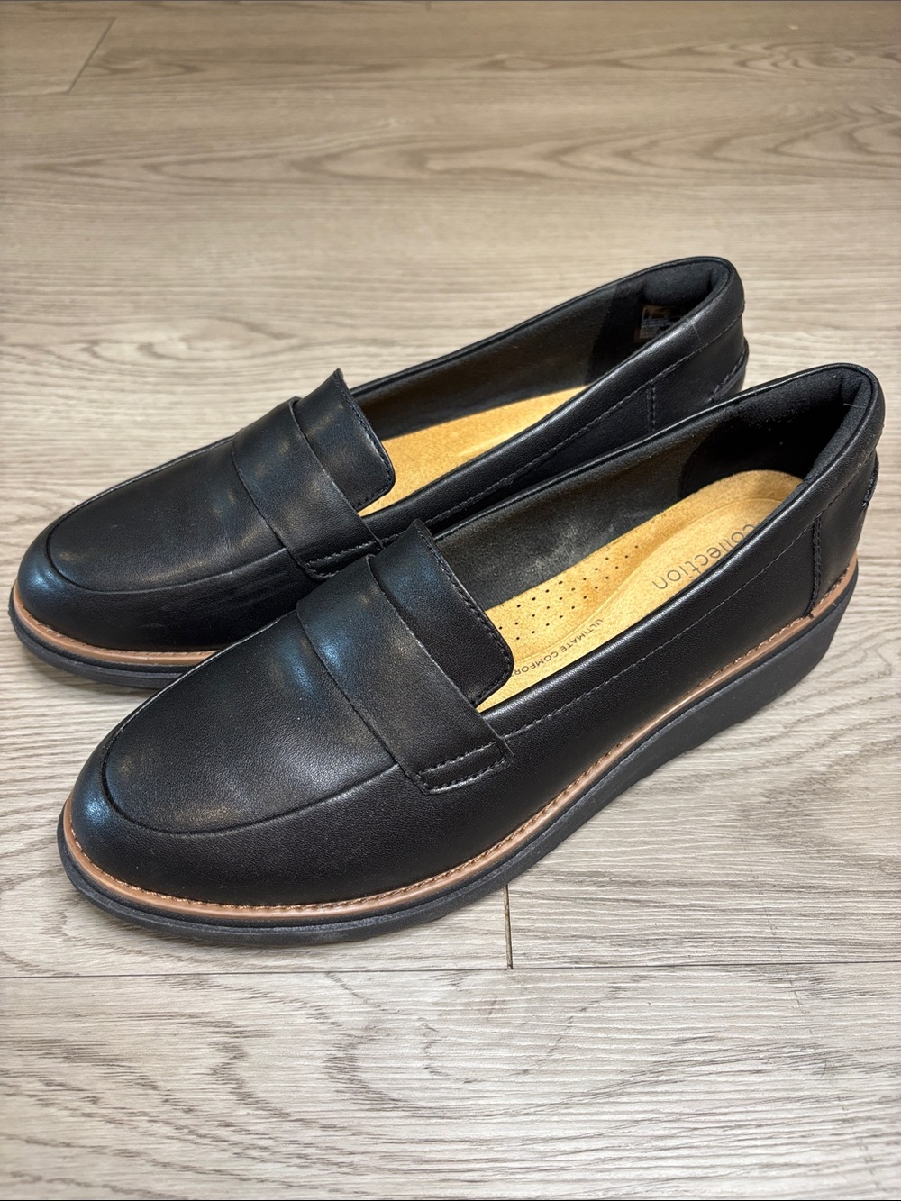 Clarks Black Leather Loafers with Tan Trim